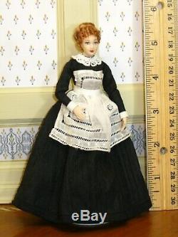 Victorian Lady Doll in Black with Vintage Lace Apron Artisan Dollhouse Miniature