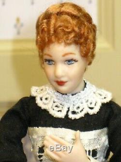 Victorian Lady Doll in Black with Vintage Lace Apron Artisan Dollhouse Miniature