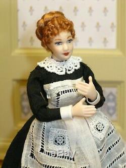 Victorian Lady Doll in Black with Vintage Lace Apron Artisan Dollhouse Miniature