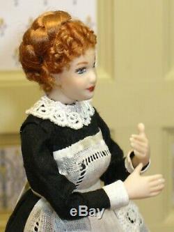 Victorian Lady Doll in Black with Vintage Lace Apron Artisan Dollhouse Miniature