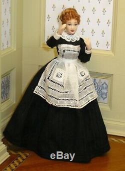 Victorian Lady Doll in Black with Vintage Lace Apron Artisan Dollhouse Miniature
