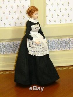 Victorian Lady Doll in Black with Vintage Lace Apron Artisan Dollhouse Miniature