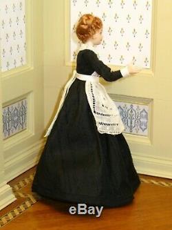 Victorian Lady Doll in Black with Vintage Lace Apron Artisan Dollhouse Miniature