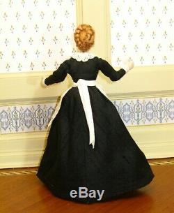 Victorian Lady Doll in Black with Vintage Lace Apron Artisan Dollhouse Miniature