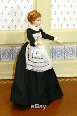 Victorian Lady Doll in Black with Vintage Lace Apron Artisan Dollhouse Miniature