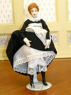 Victorian Lady Doll in Black with Vintage Lace Apron Artisan Dollhouse Miniature