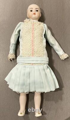 Vintage 13 Porcelain Doll Brown Glass Eyes Lace Silk Dress Maker Unknown
