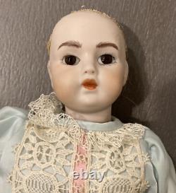 Vintage 13 Porcelain Doll Brown Glass Eyes Lace Silk Dress Maker Unknown