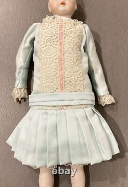 Vintage 13 Porcelain Doll Brown Glass Eyes Lace Silk Dress Maker Unknown