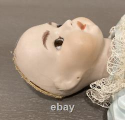 Vintage 13 Porcelain Doll Brown Glass Eyes Lace Silk Dress Maker Unknown