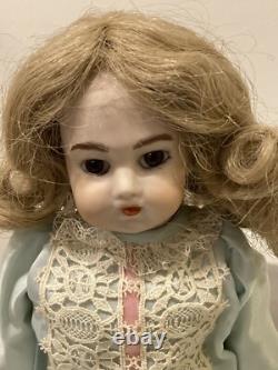 Vintage 13 Porcelain Doll Brown Glass Eyes Lace Silk Dress Maker Unknown