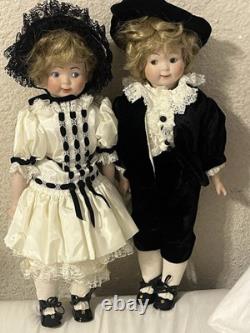 Vintage 15 Porcelain Socket Head Doll Pair Leather Bodies Googly Eyes Dolls