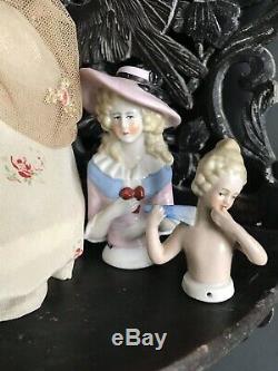 Vintage 1920s Collection Of Porcelain Half Dolls And A Large Pin Cushion Doll