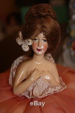 Vintage 1920s Germany Boudoir Half/Pin Cushion Chalkware Doll Mohair Wig SUPER