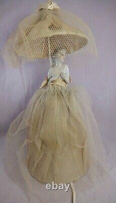 Vintage 1930s Porcelain Half Doll Boudoir Lamp with Umbrella Original Dress Works
