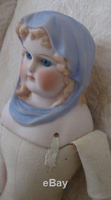 Vintage 1944 Emma Clear Blue Parian Scarf Doll, Cloth Body