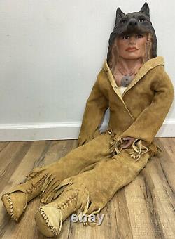 Vintage 1996 Native American Indian Wolf Man Leader Porcelain Doll #1 Leather