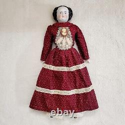 Vintage 22.5 Tall Porcelain Black Hair Cloth Body China Head Doll