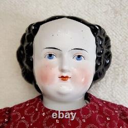 Vintage 22.5 Tall Porcelain Black Hair Cloth Body China Head Doll