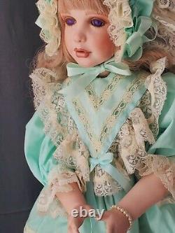 Vintage 24 inch Collectible Porcelain Doll Blonde hair Violet Eyes posable TEETH