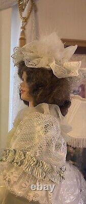 Vintage 27 Cathay Collections Porcelain Doll Victorian Dress In Green, Lace+