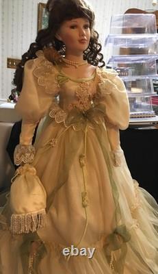 Vintage 28 Porcelain Doll In Off White Gown With Pale Green Accents WithRoses. FE
