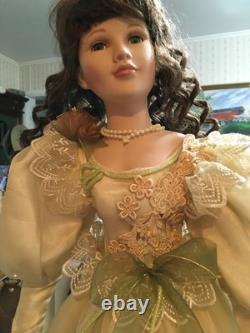 Vintage 28 Porcelain Doll In Off White Gown With Pale Green Accents WithRoses. FE