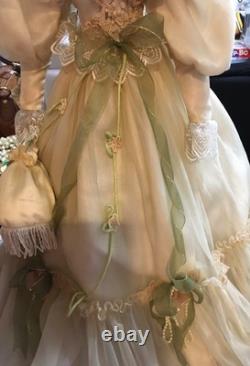 Vintage 28 Porcelain Doll In Off White Gown With Pale Green Accents WithRoses. FE