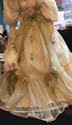 Vintage 28 Porcelain Doll In Off White Gown With Pale Green Accents WithRoses. FE