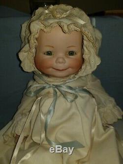 Vintage 3 Faces of Eve Porcelain Doll Happy Sad Sleeping Wooden Cradle Linens