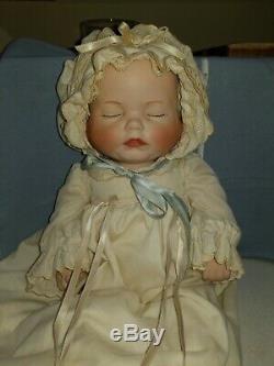 Vintage 3 Faces of Eve Porcelain Doll Happy Sad Sleeping Wooden Cradle Linens
