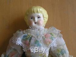 Vintage Antique Ceramic Porcelain Head Hands Feet Doll Leather Body Silk Dress