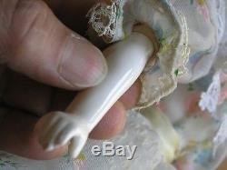 Vintage Antique Ceramic Porcelain Head Hands Feet Doll Leather Body Silk Dress