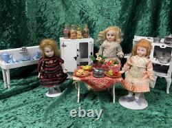 Vintage Arcade Cast Iron Dollhouse Kitchen Set w Bisque Dolls & Miniatures