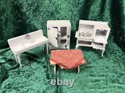 Vintage Arcade Cast Iron Dollhouse Kitchen Set w Bisque Dolls & Miniatures