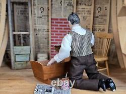 Vintage Artisan Miniature Dollhouse 112 Porcelain Grandpa Doll Making Cradle