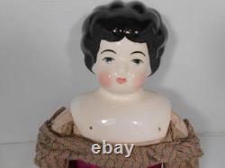 Vintage Bisque Head Shoulders Porcelain China Doll Black Hair, Blue Eyes 30