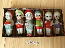 Vintage Bisque / Porcelain Japan set of 6 Figure Dolls with Original box