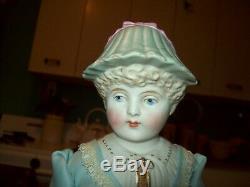 Vintage Blonde Haired Parian Bonnet Head Porcelain Doll Cornflower Blue with chips