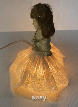 Vintage Boudoir Doll Lamp Tested Works 17 Tall Brunette w Fan Hair MCM