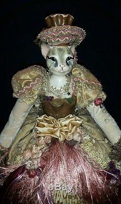 Vintage Ceramic Cat Doll figurine in a detailed Victorian Dress 18 Tall