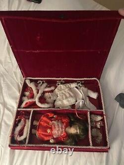 Vintage Cracker Barrel Mini 6 Porcelain Doll with Clothes in Ved Velvet Case