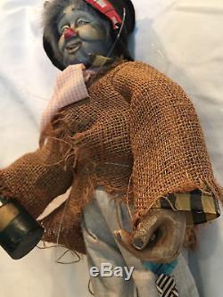 Vintage Crafted 19 Porcelain/Cloth Hobo Clown Doll Holding Champagne Bottle