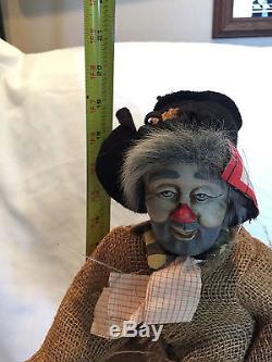 Vintage Crafted 19 Porcelain/Cloth Hobo Clown Doll Holding Champagne Bottle