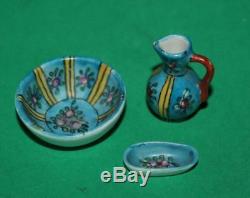 Vintage Dolls House Hand Painted French Porcelain Desvres Wash Set Jug Bowl Dish