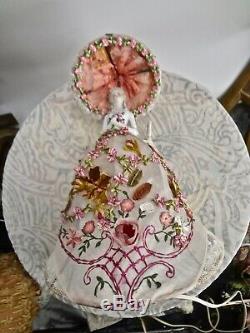 Vintage Flower Bedecked Silk Bed Lamp With Porcelain German Half Doll & Canopy