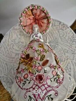 Vintage Flower Bedecked Silk Bed Lamp With Porcelain German Half Doll & Canopy