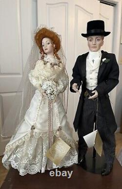 Vintage Franklin Heirloom Porcelain Dolls Bride & Groom 22 WithBoxes And Stands