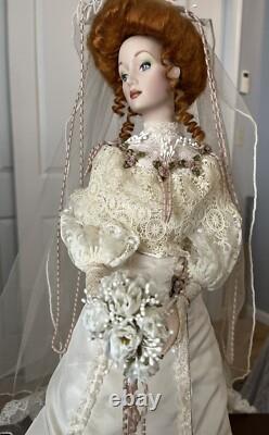 Vintage Franklin Heirloom Porcelain Dolls Bride & Groom 22 WithBoxes And Stands