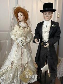 Vintage Franklin Heirloom Porcelain Dolls Bride & Groom 22 WithBoxes And Stands